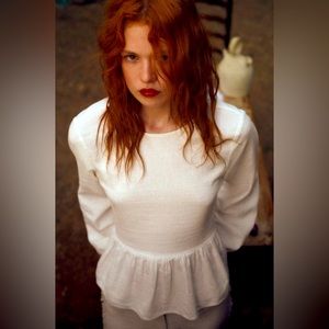 Zara White Linen Blend Peplum Top NWT Size Large